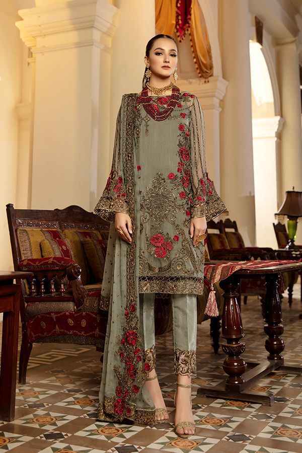 Embroidered Luxury Chiffon Formal Suit – Sage Green with Rosy Red Detailing