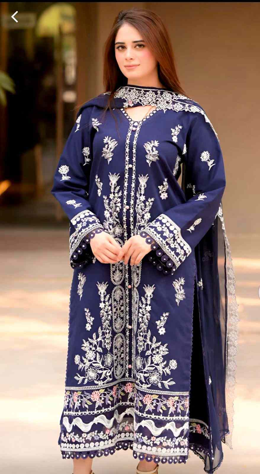 Royal Navy Blue Embroidered Dhanak Suit – Premium Festive Winter Collection