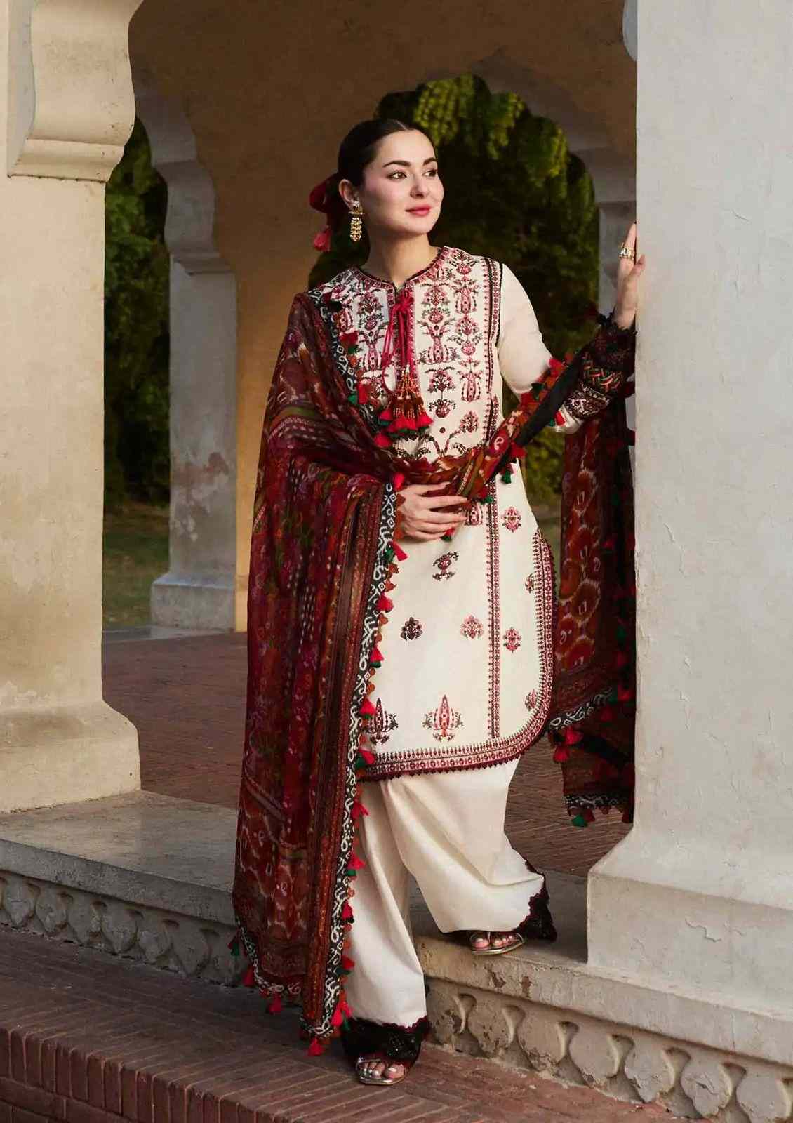 Dhanak Ivory Maroon Ethnic Embroidered 3-Piece Winter Collection Suit
