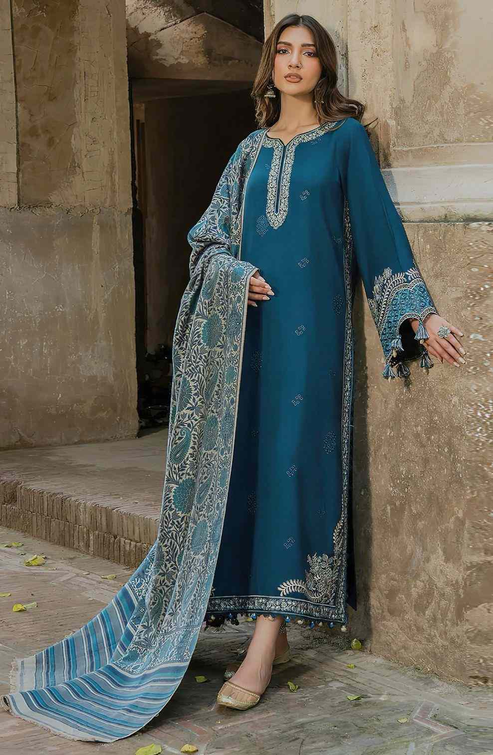 Teal Blue Embroidered Luxury 3-Piece Winter Dhanak Suit with Jacquard Shawl