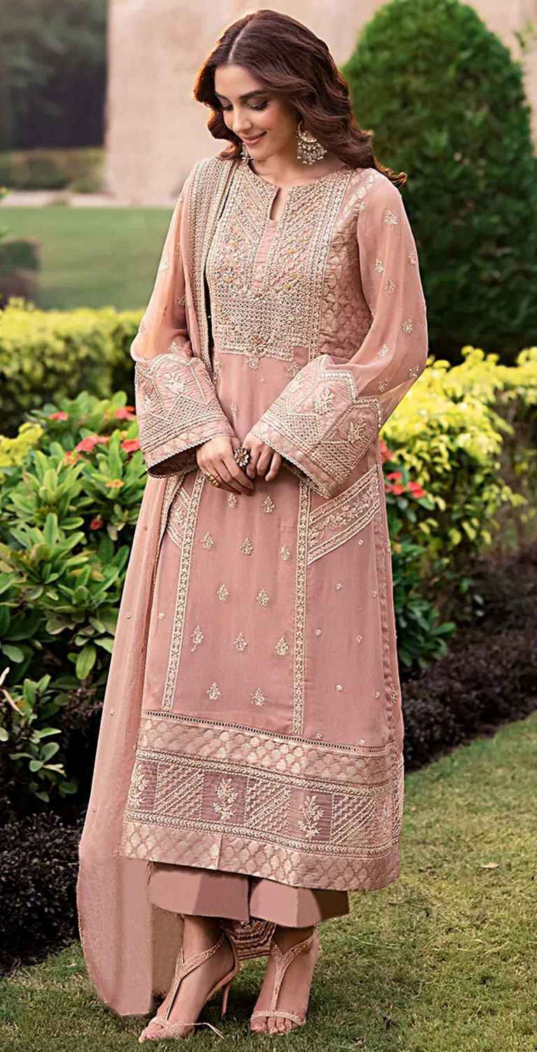 Elegant Peach Embroidered 3-Piece Suit – Luxury Formal Wear in dhanak fabrics