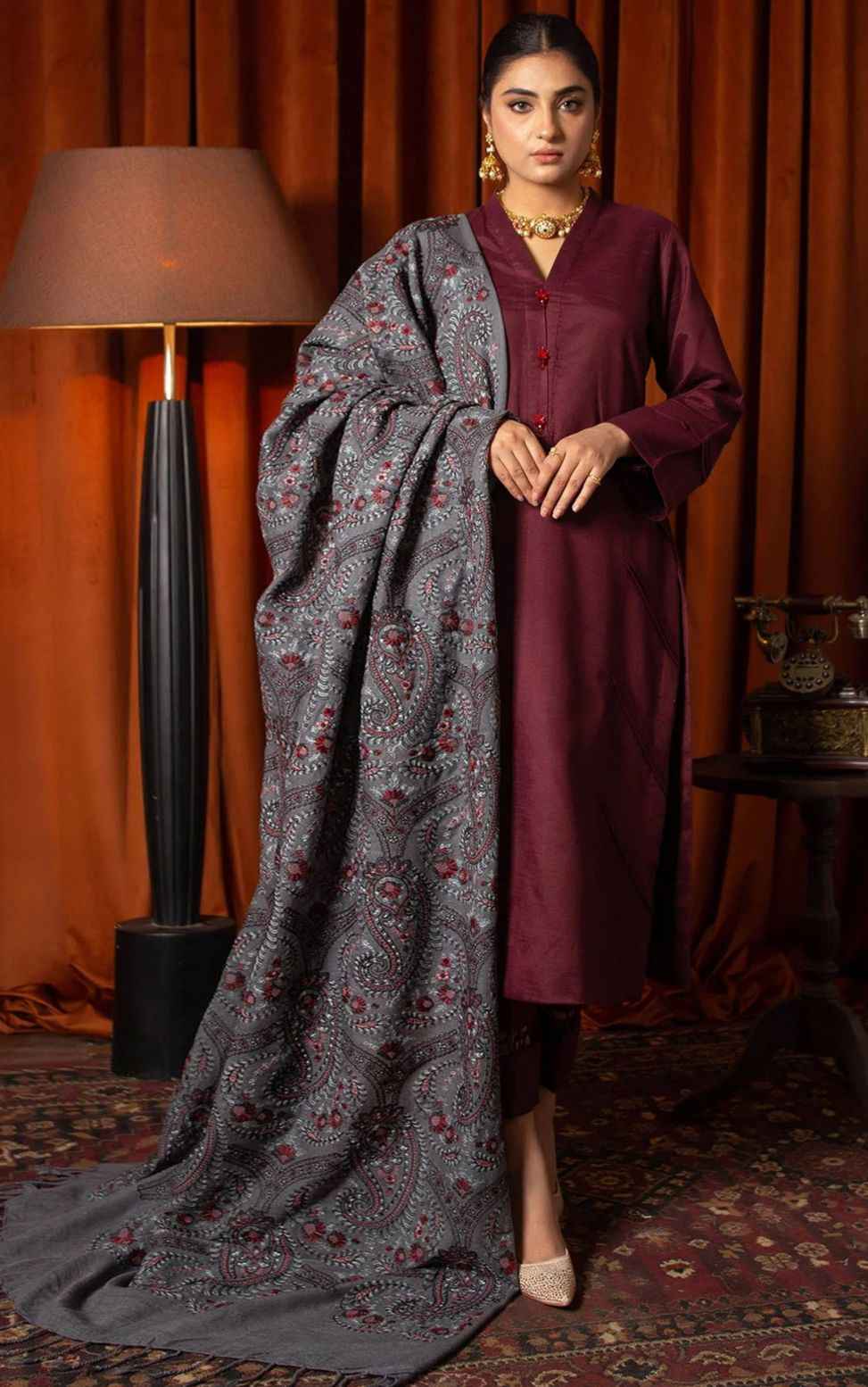 Classic Maroon Winter 3-Piece Suit with Printed Shawl – Elegant Ethnic Wear Dhanak