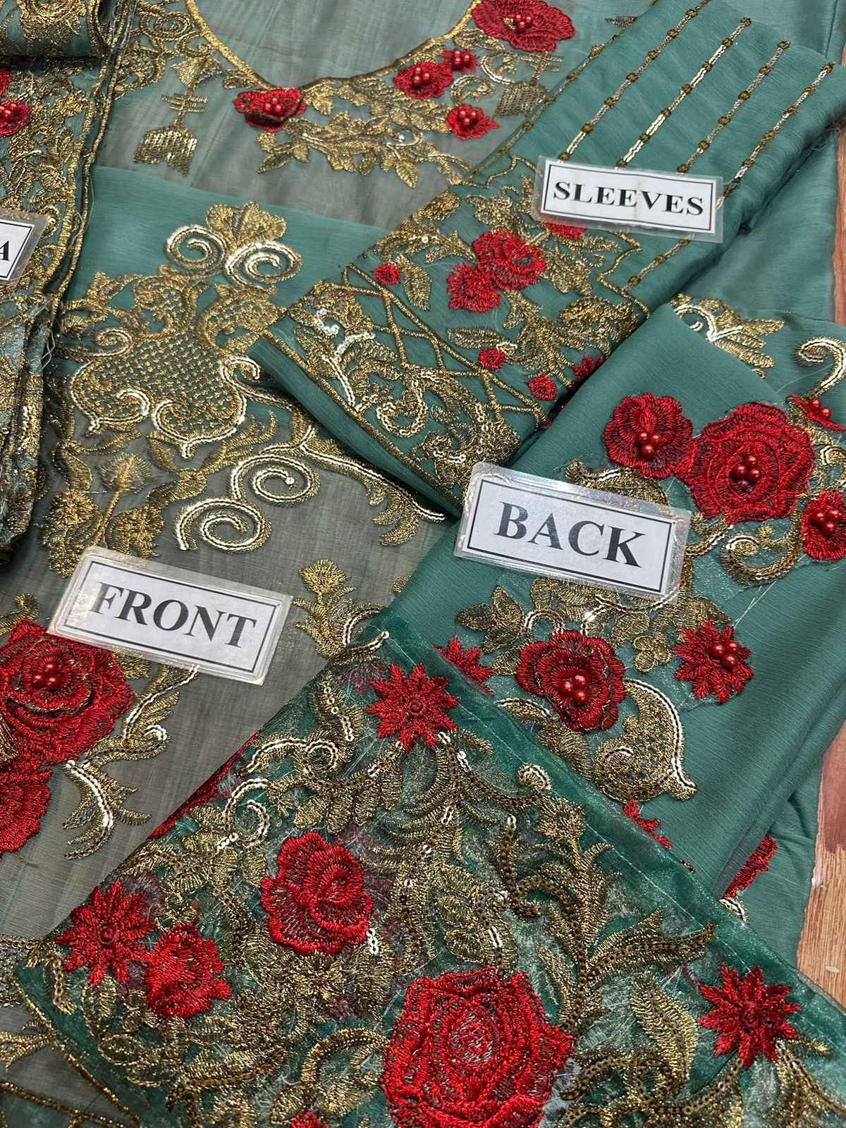 Embroidered Luxury Chiffon Formal Suit – Sage Green with Rosy Red Detailing