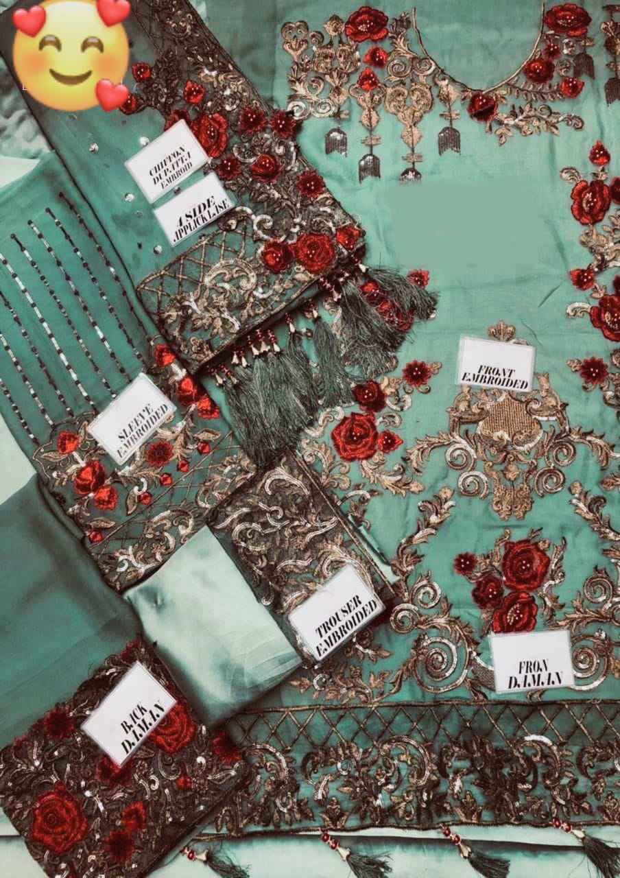 Embroidered Luxury Chiffon Formal Suit – Sage Green with Rosy Red Detailing