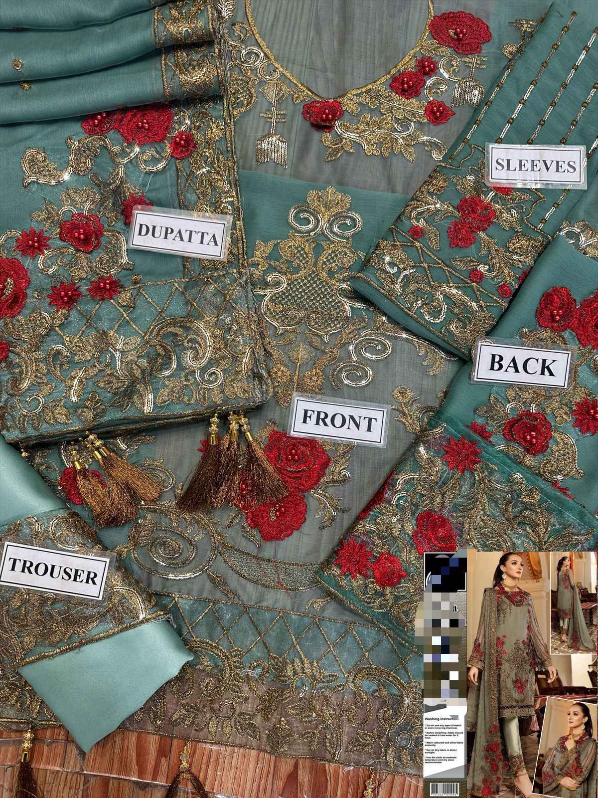 Embroidered Luxury Chiffon Formal Suit – Sage Green with Rosy Red Detailing