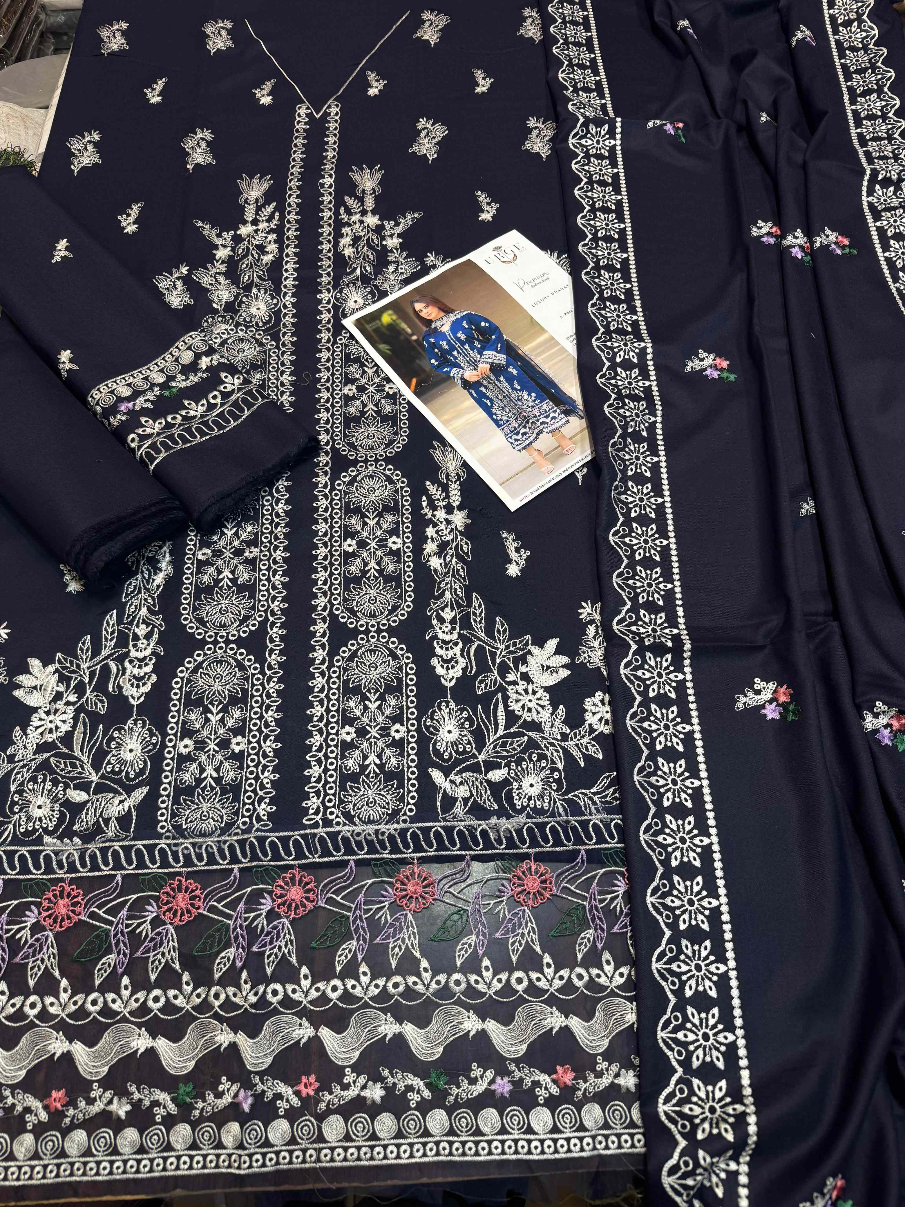 Royal Navy Blue Embroidered Dhanak Suit – Premium Festive Winter Collection