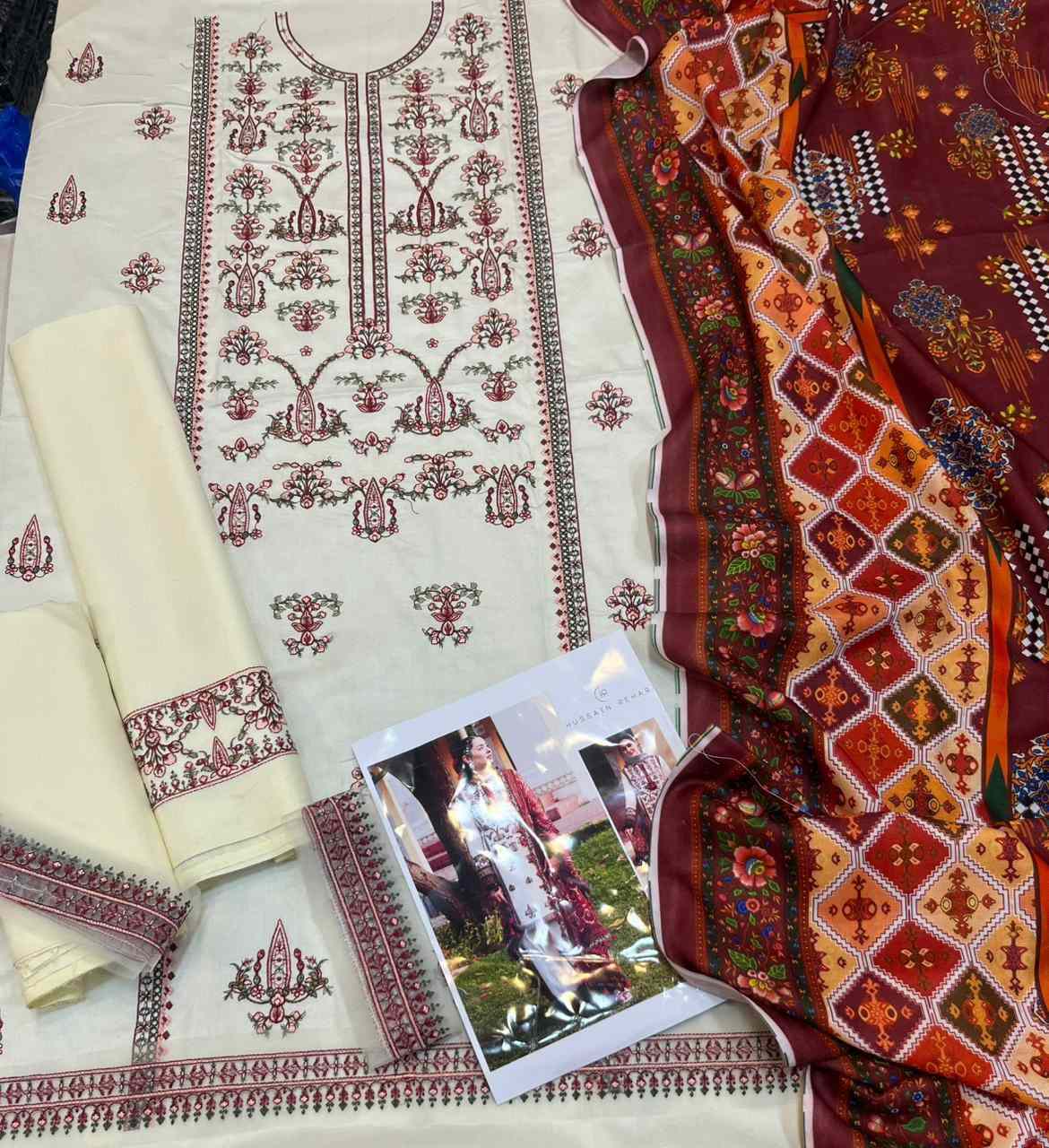 Dhanak Ivory Maroon Ethnic Embroidered 3-Piece Winter Collection Suit