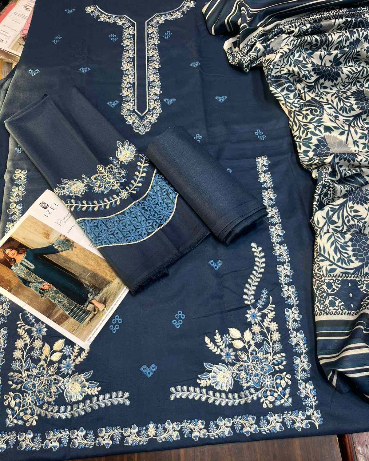 Teal Blue Embroidered Luxury 3-Piece Winter Dhanak Suit with Jacquard Shawl