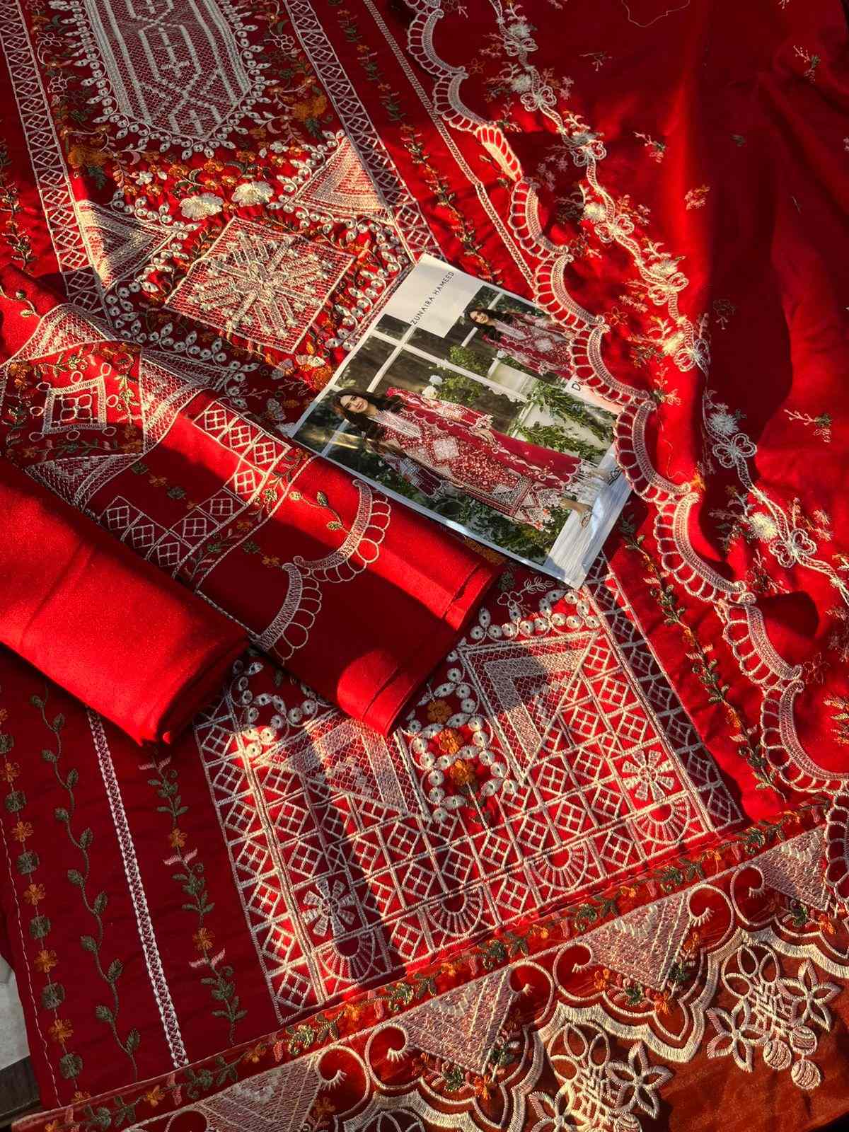 Crimson Red Luxury Embroidered 3-Piece Festive Suit — Premium Dhanak Collection