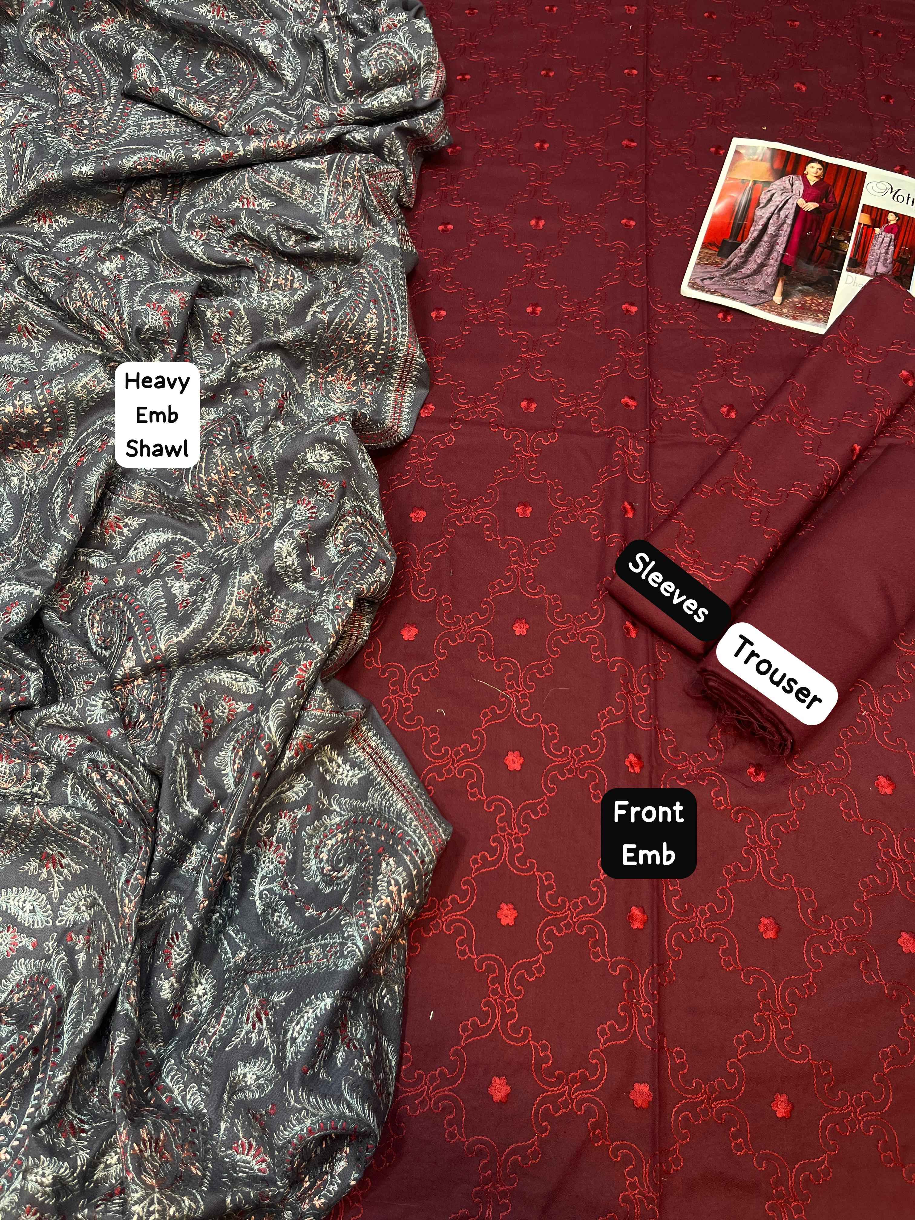 Classic Maroon Winter 3-Piece Suit with Printed Shawl – Elegant Ethnic Wear Dhanak